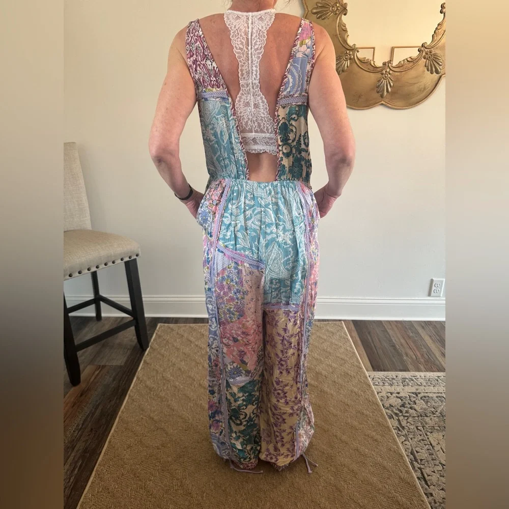 Blue Velvet Patchwork Boho Jumpsuit NWT Size Medium Wide Leg Floral - Picture 1 of 11